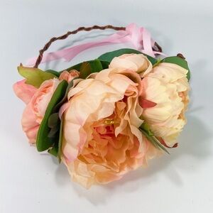 Peony light pink side swept bridal flower hair ribbon tie crown